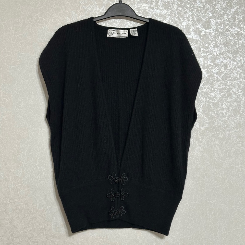 Evan-Picone Frog Closure Ribbed Sweater Vest Lambswool Angora Black Vintage M
